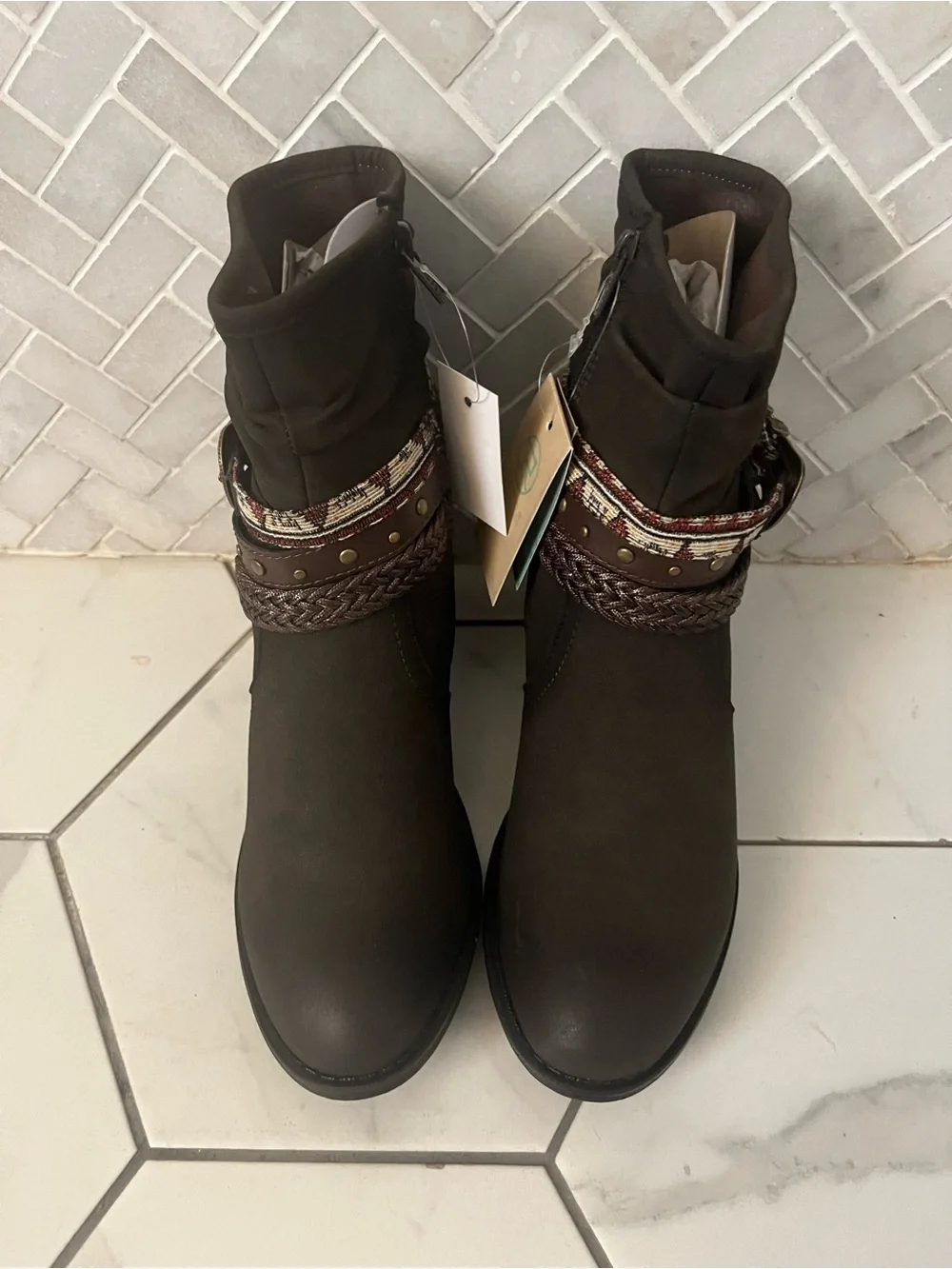 Roper Dark Brown Slouch Ankle Boots with Braided and Buckle Strap